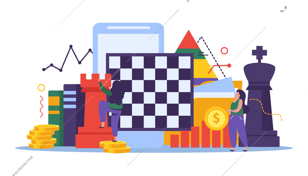 Business and chess strategy concept with chess board symbols flat vector illustration