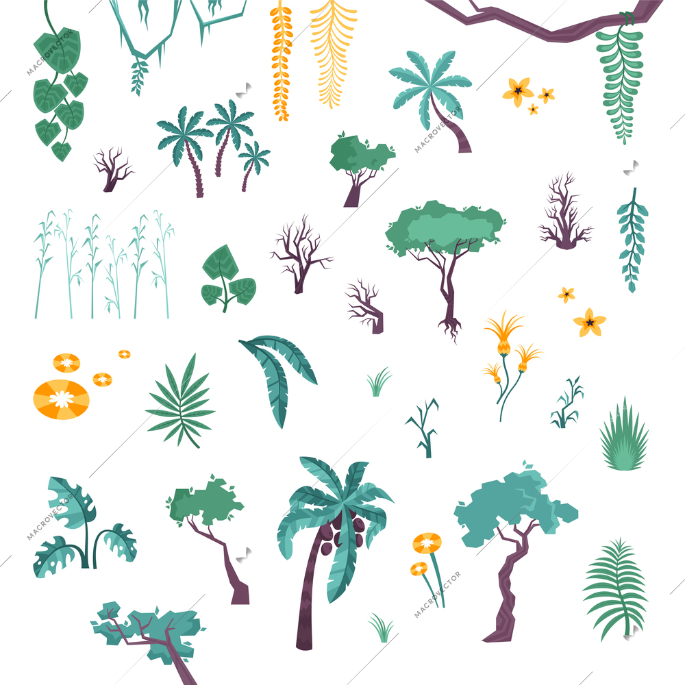 Plants set with flat icons of jungle trees with leaves and palm images on blank background vector illustration