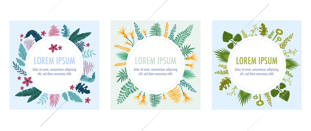 Frame plants flat composition with circle places for editable text surrounded by leaves and flowers icons vector illustration