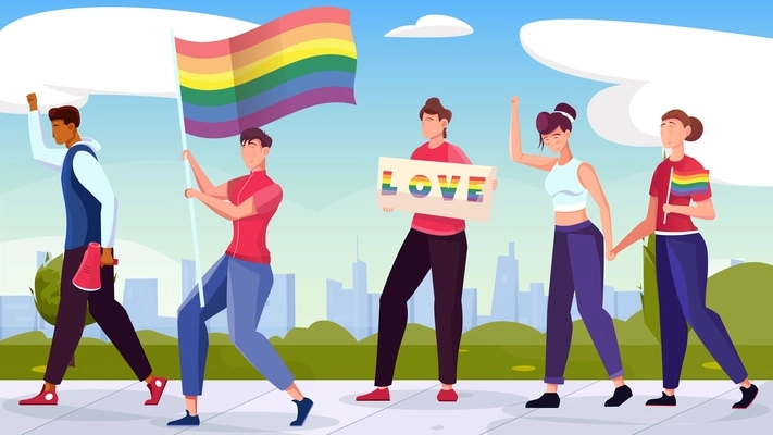 Lgbt equality flat background with group of people participating in pride parade vector illustration