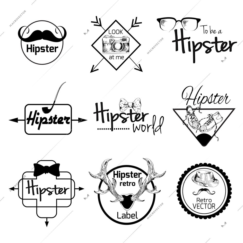 Hipster world pack sketch retro label set with smoking pipe mustache tie isolated vector illustration
