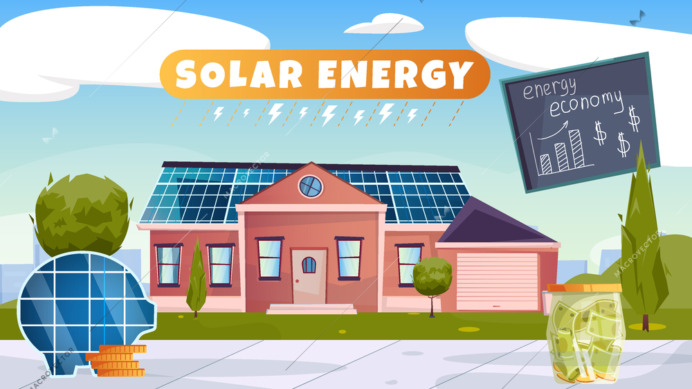 Energy economy flat composition with rural house equipped with solar panels on roof vector illustration