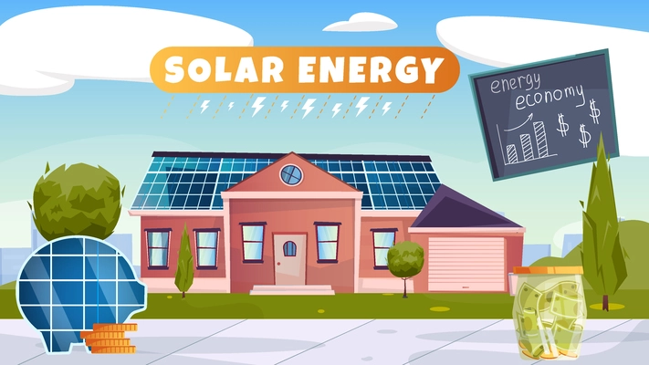 Energy economy flat composition with rural house equipped with solar panels on roof vector illustration