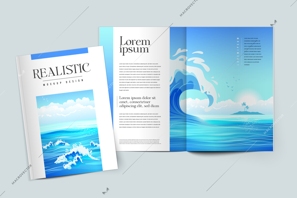 Realistic colored mockup design of magazine cover on marine theme vector illustration
