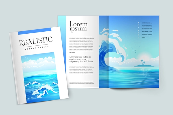 Realistic colored mockup design of magazine cover on marine theme vector illustration