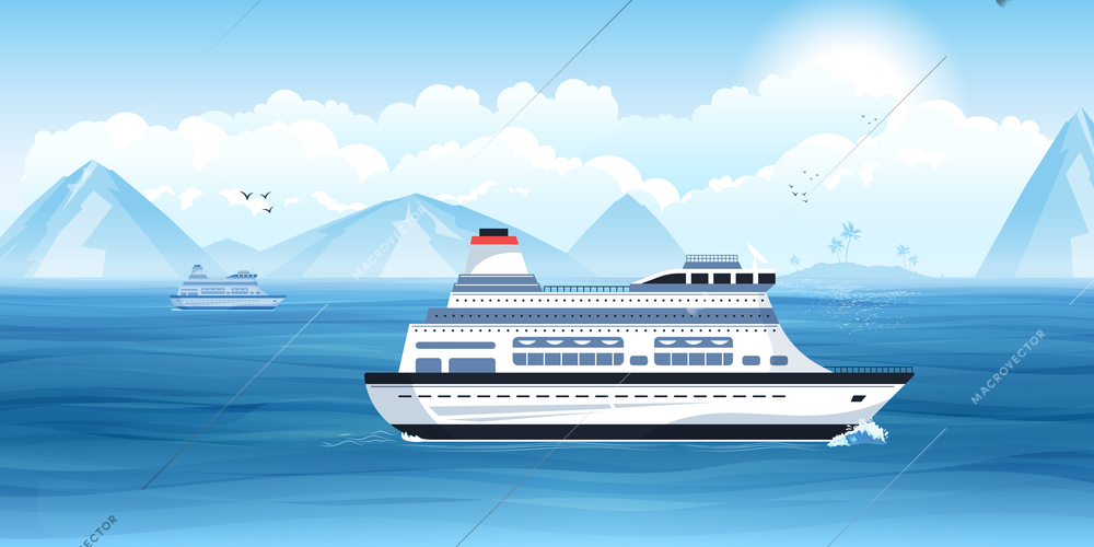 Marine vector  illustration with tourist cruise liner sailing in waters of warm south sea