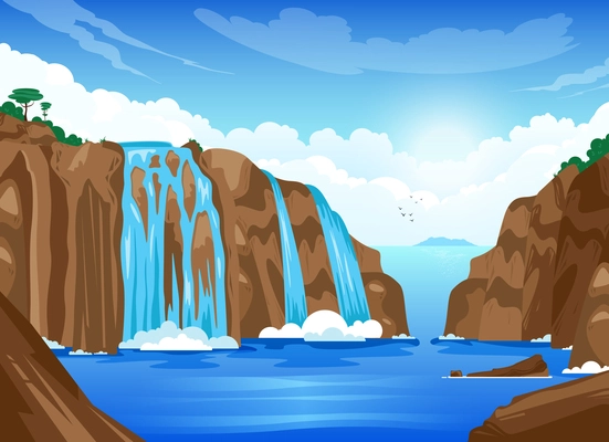 Nature landscape with waterfall streams flowing from cliff cartoon poster to mountain lake flat vector illustration