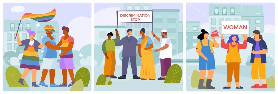 Discrimination set of three compositions with flat landscapes and doodle style characters of freedom equality activists vector illustration