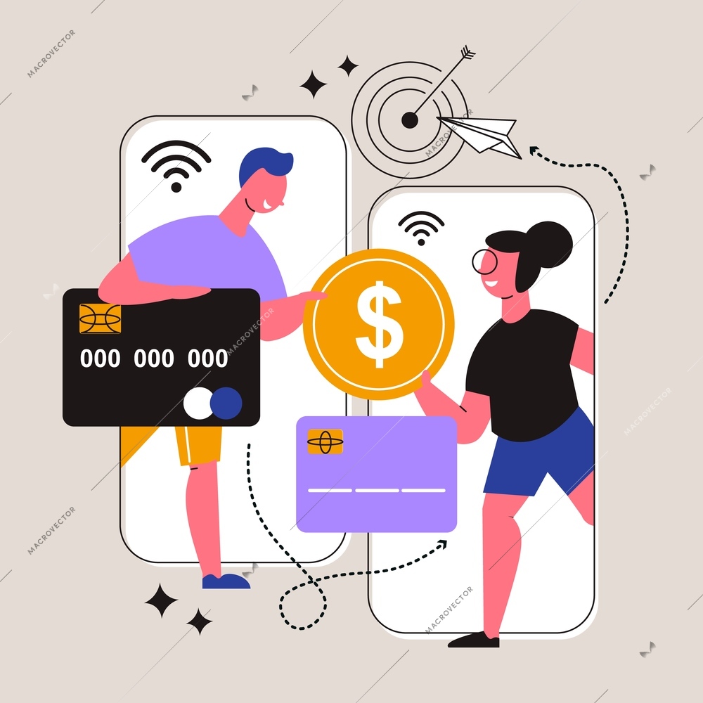 Mobile bank composition with images of people exchanging money inside smartphones with coins credit card images vector illustration