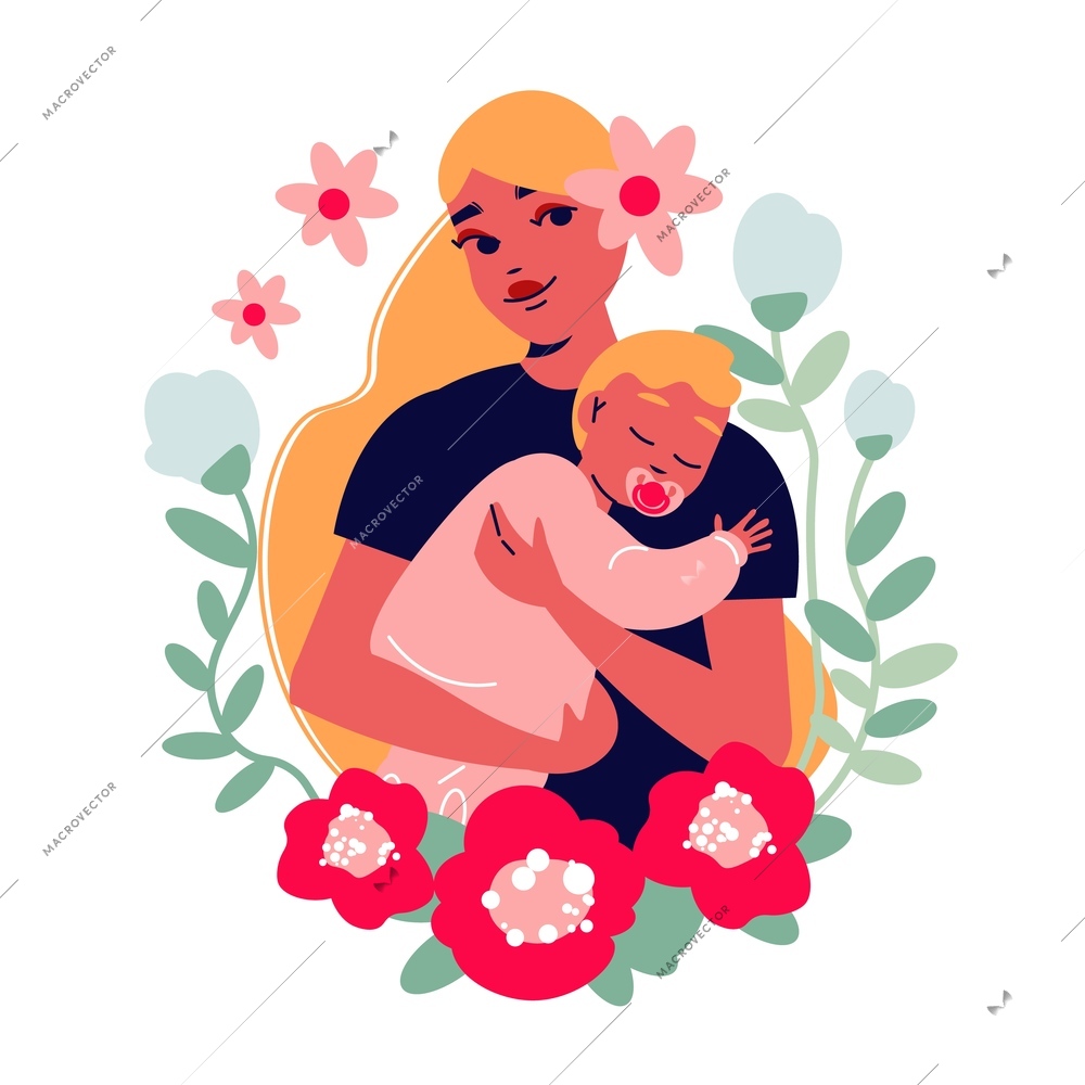 Mothers day card composition with character of pretty mom with baby surrounded by leaves and flowers vector illustration