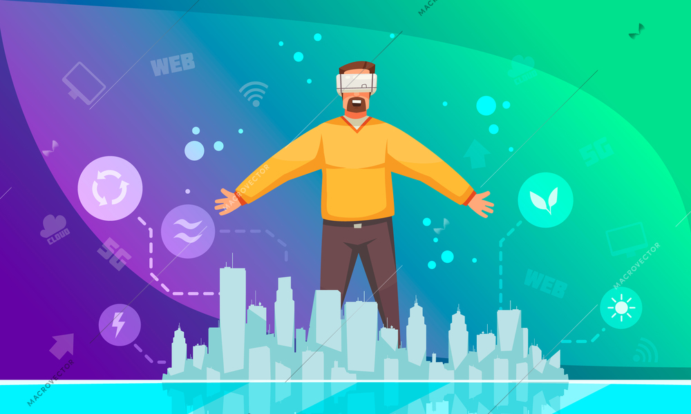 Ecological energy promotion poster with man in vr  headset standing in smart city colorful gradient background vector illustration