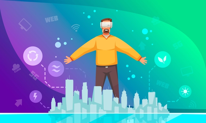 Ecological energy promotion poster with man in vr  headset standing in smart city colorful gradient background vector illustration