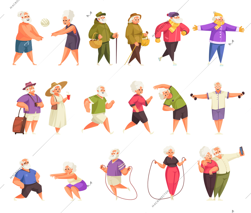 Old people activity cartoon set with walking jogging skipping rope playing ball traveling exercising skating vector illustration