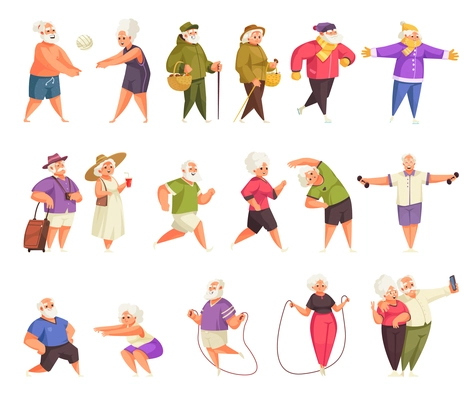 Old people activity cartoon set with walking jogging skipping rope playing ball traveling exercising skating vector illustration