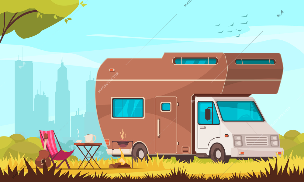 Camper with barbecue folding table deckchair guitar in city suburb trailer caravan park cartoon composition vector illustration