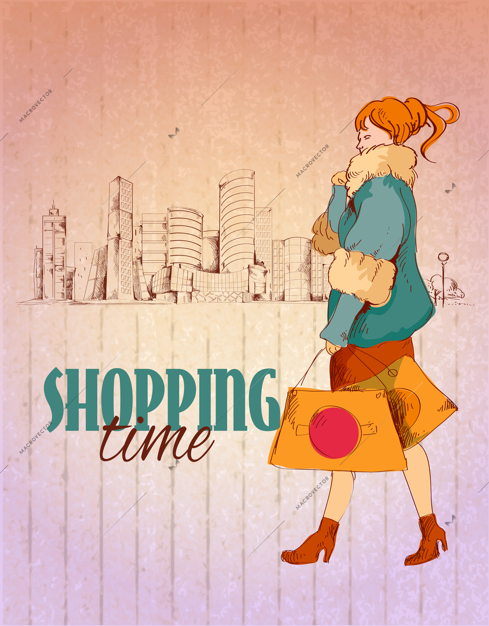 Shopping city poster with young woman and city background sketch vector illustration