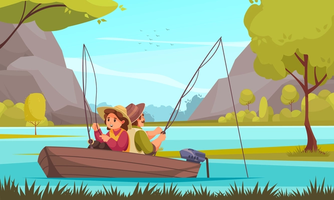 Fishing vacation resort flat composition with young couple in motor boat on lake angling fish vector illustration