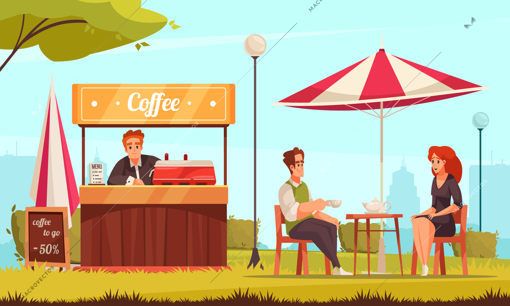 Restaurant patio street cafe coffee counter service cartoon composition with couple enjoying tea chatting outdoor vector illustration