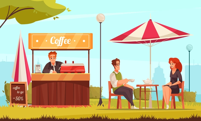 Restaurant patio street cafe coffee counter service cartoon composition with couple enjoying tea chatting outdoor vector illustration