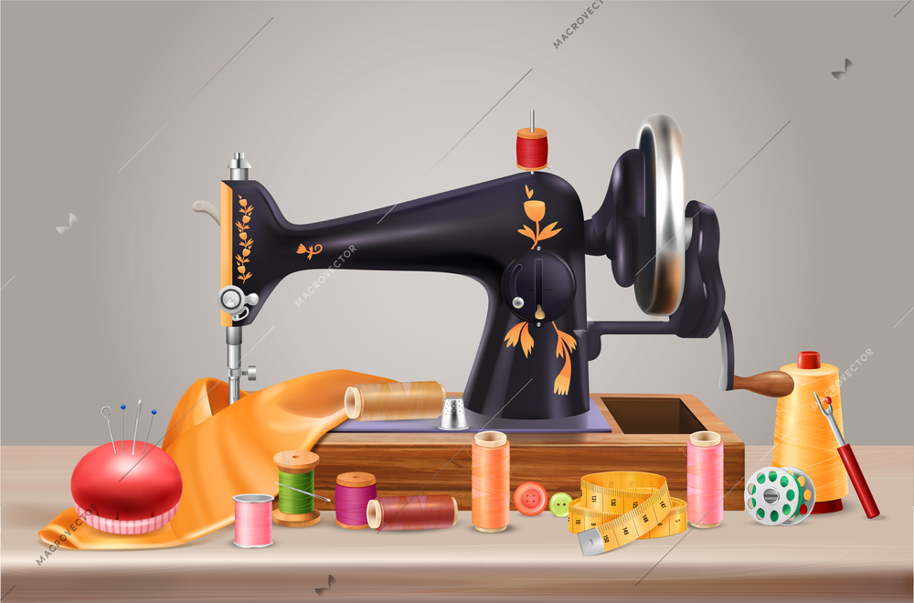 Sewing machine background with needles cushion and centimeter realistic vector illustration