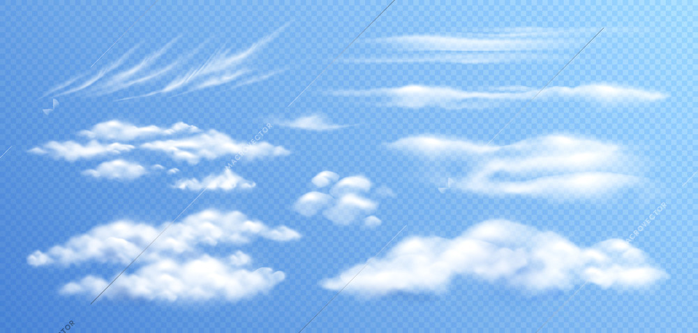 Clouds realistic set with isolated images of different types of clouds on clear sky transparent background vector illustration