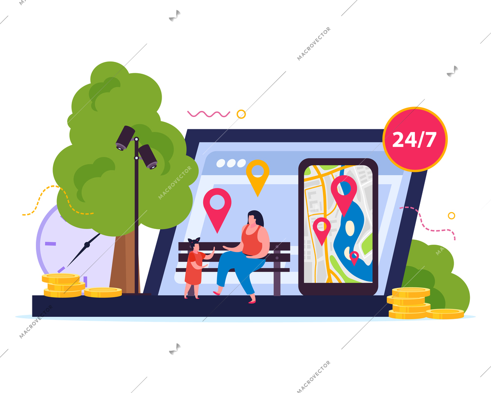 City video monitoring flat composition with park scenery and people on bench with laptop location signs vector illustration