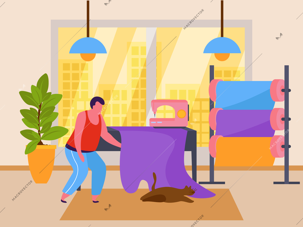 Tailoring flat composition with indoor scenery and tailor character with stitching machine fabric rolls and cat vector illustration