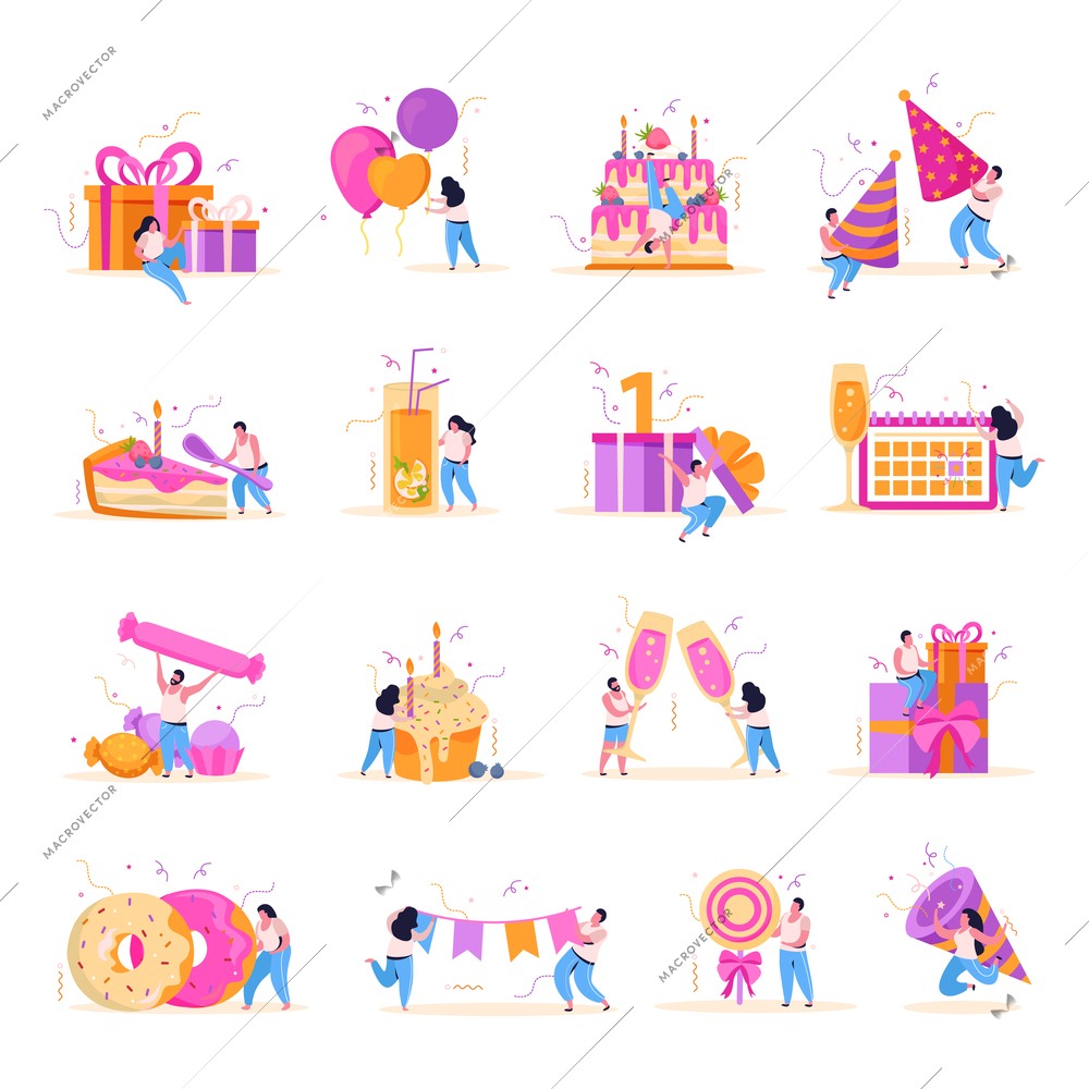 Set of isolated birthday flat icons with human characters and sweets with balloons gifts and decorations vector illustration