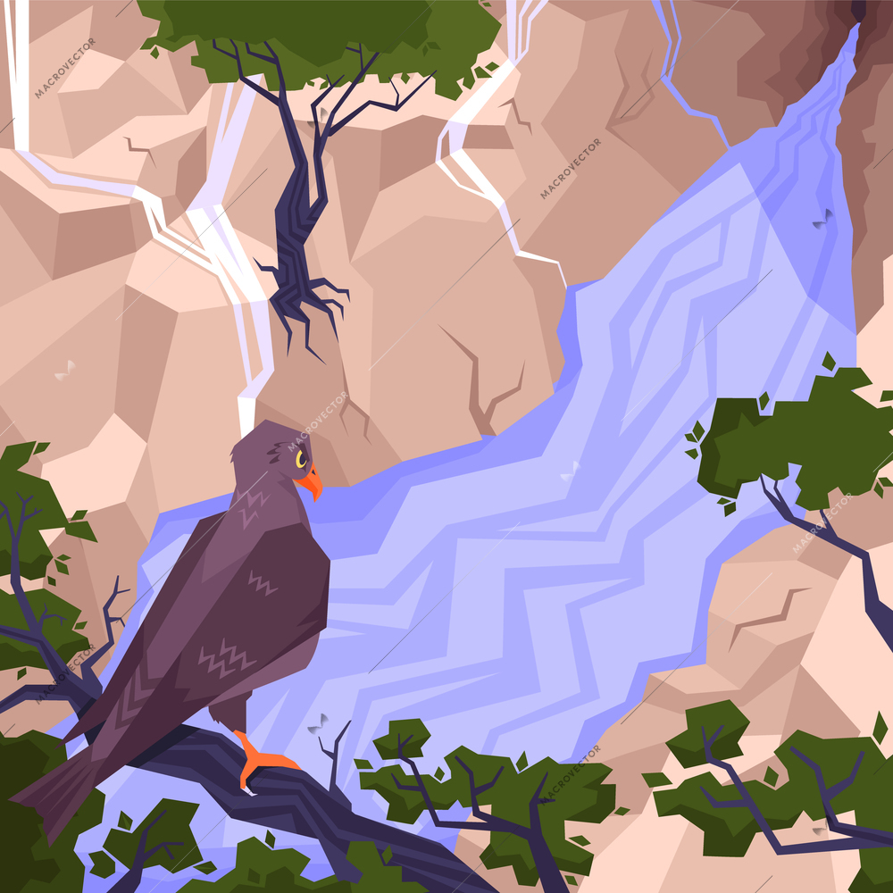 Landscape flat composition with an eagle sits on a branch between the mountains vector illustration