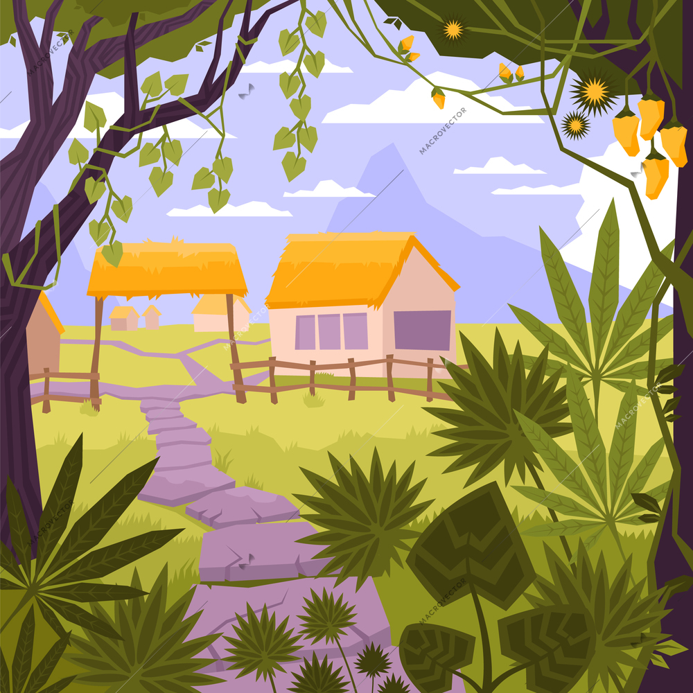 Landscape flat and colored composition with house in village in the forest vector illustration