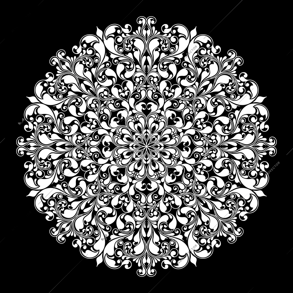 Ornamental round pattern on black isolated vector illustration