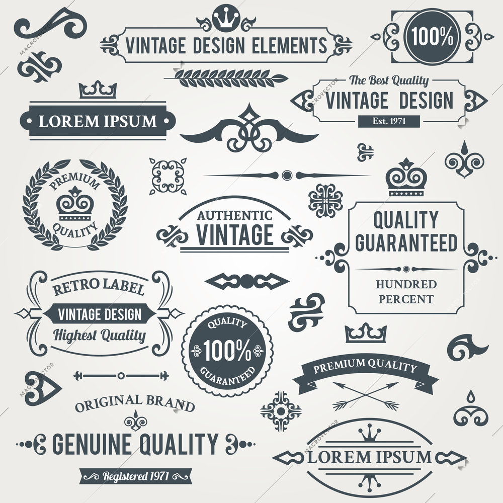 Vintage design elements frames and ornaments set isolated vector illustration