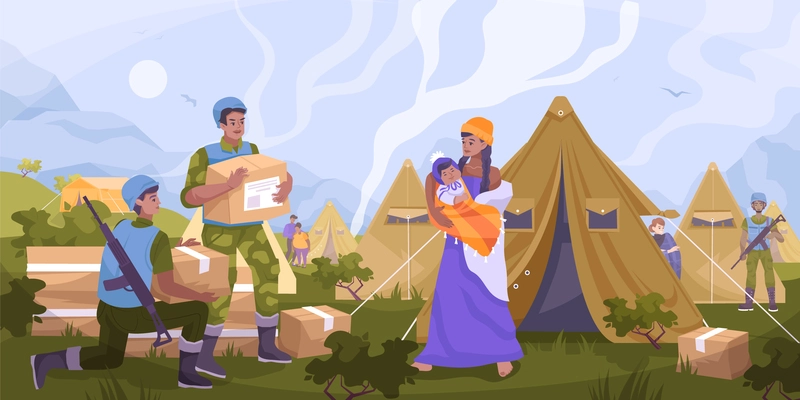 Peacekeepers humanitarian aid flat composition with the military gives food and water to refugees in the tent city vector illustration