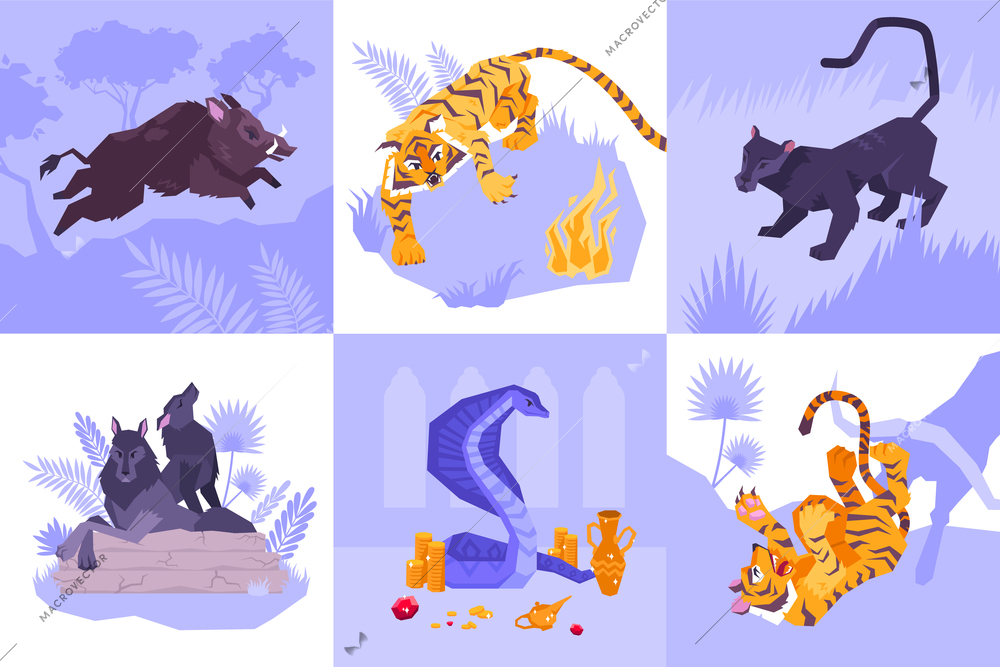 Six squares mowgli icon set with different animals tiger wolfs puma snake vector illustration