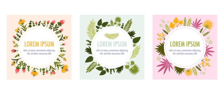 Round frame plants flat icon set with different leaves flowers and colors and space for text in the center of the circle vector illustration