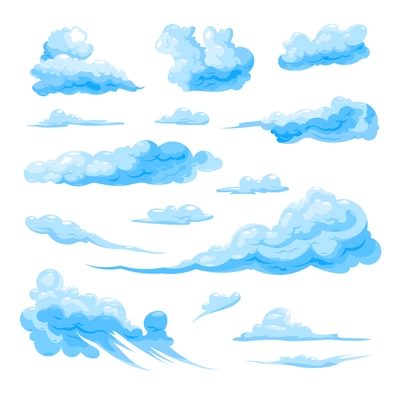 Flat images of different shapes blue clouds on white background isolated  vector illustration