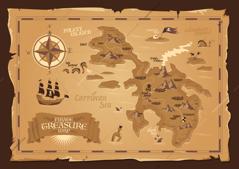 Detailed  map of pirate treasure with frayed edges in vintage style flat vector illustration