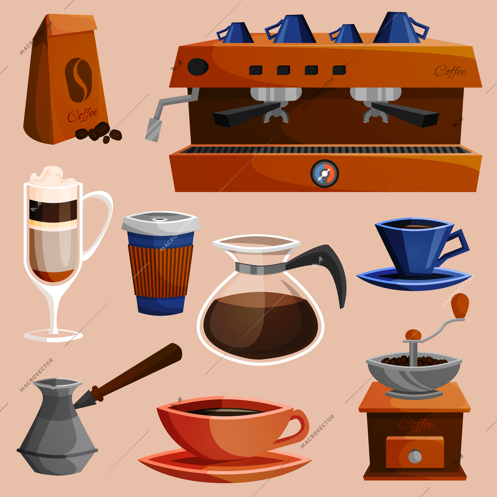 Coffee cup pot energetic drink decorative icons set isolated vector illustration