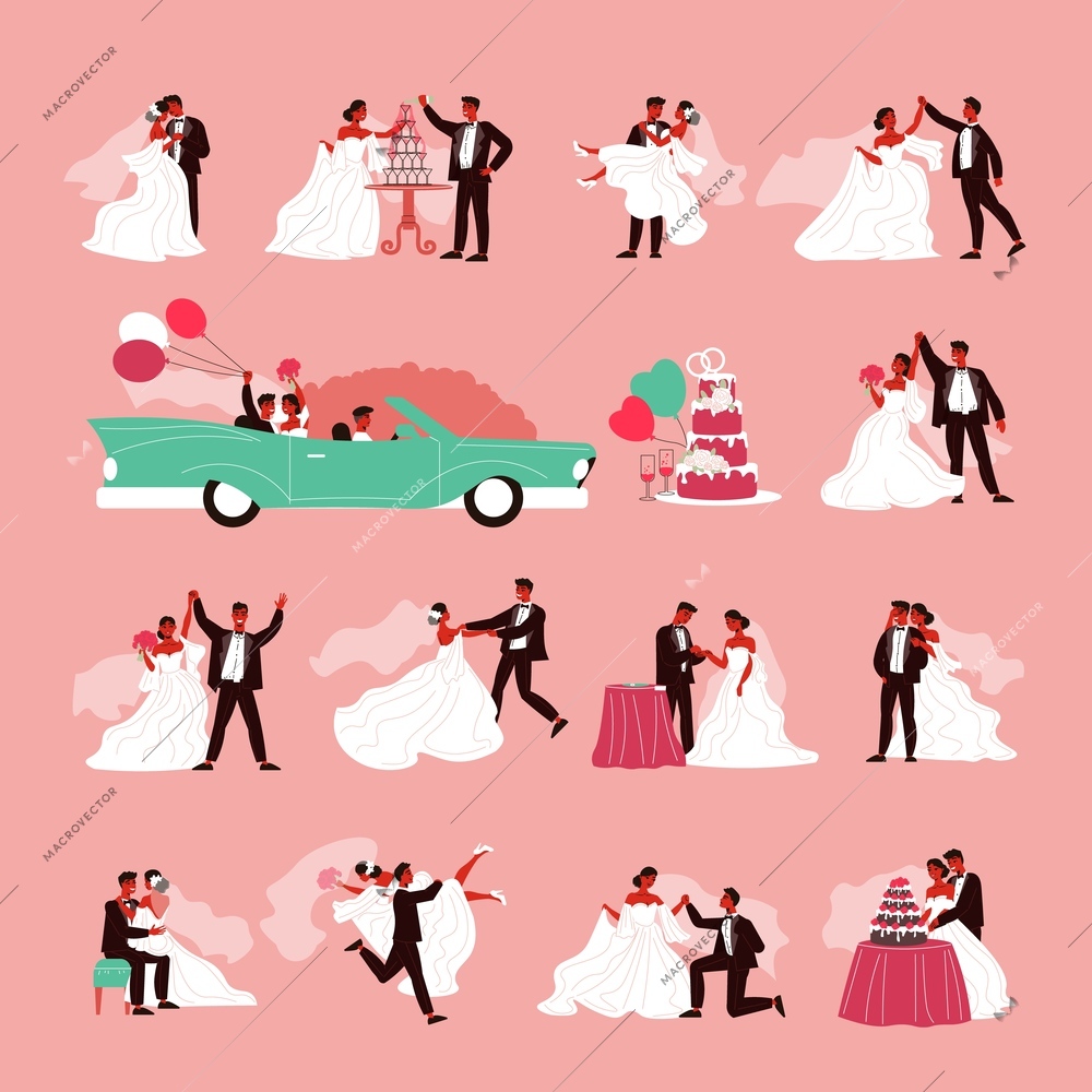 Wedding couple color set with isolated compositions of loving couple characters images of cakes and balloons vector illustration