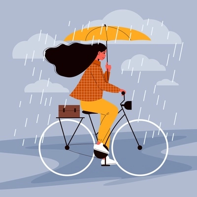 People with umbrella composition with female character of bicycle rider moving under rain showers holding umbrella vector illustration