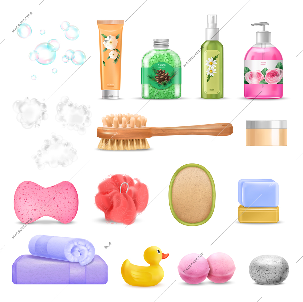 Bath wash realistic set with foam soap and brush isolated vector illustration