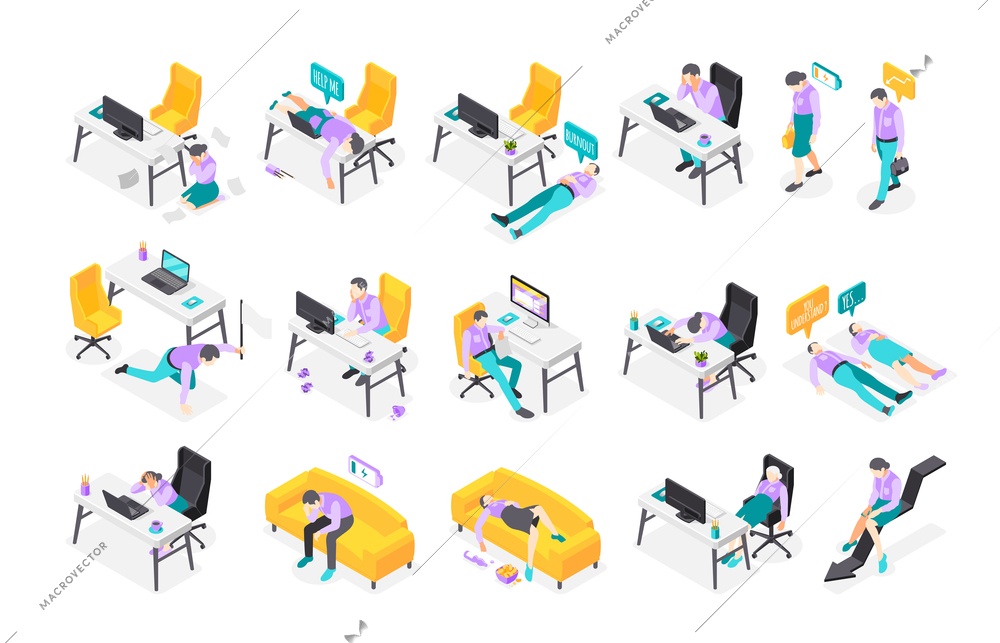 Burn out syndrome isometric icons recolor set of isolated icons with workers office workplaces with computers vector illustration