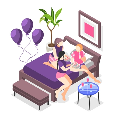 Pajama party isometric background   with three young happy female characters sitting on bed and eating cakes vector illustration