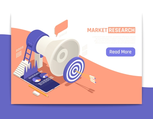 Market research isometric web banner with big loudspeaker and arrows in the center of target vector illustration