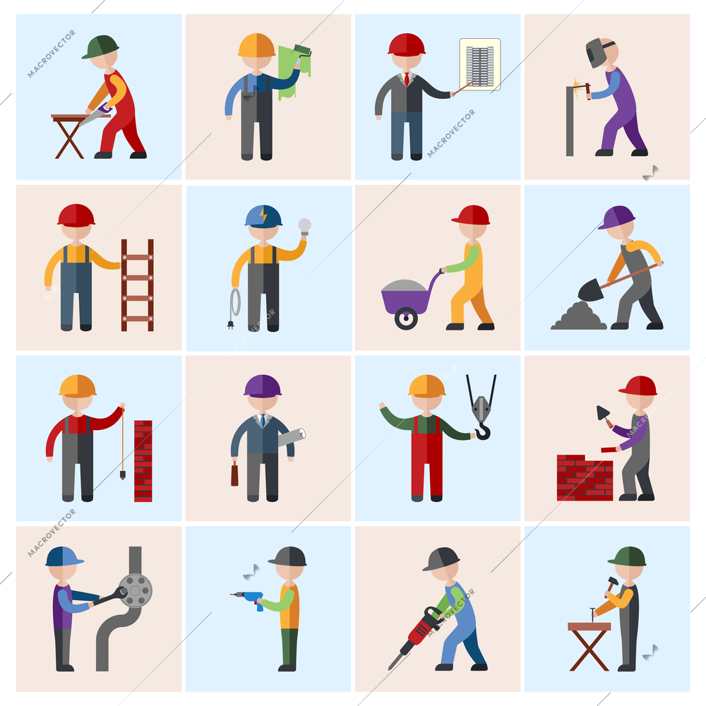 Construction worker people silhouettes icons flat set isolated vector illustration