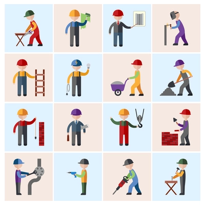 Construction worker people silhouettes icons flat set isolated vector illustration