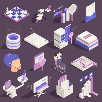 Business intelligence isometric icons set of business management financial planning marketing strategy isolated elements vector illustration