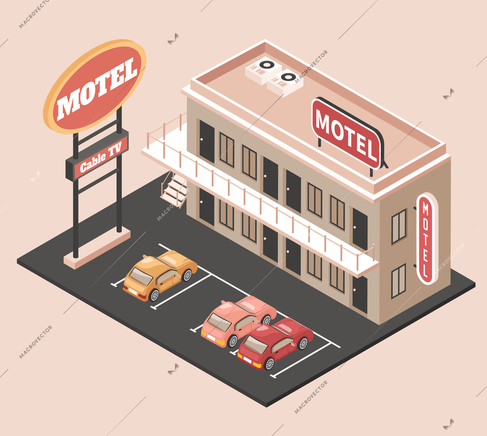 Motel color concept with parking billboard and cars isometric vector illustration