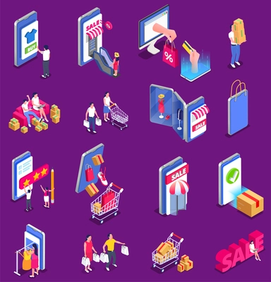 Online sale outlet isometric set with isolated icons of shopping people trolley carts goods and gadgets vector illustration