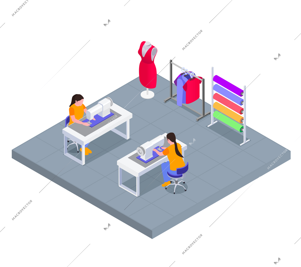 Textile mill workplace isometric concept with seamstress female characters working at sewing machine vector illustration